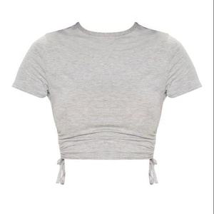 เสื้อยืดครอปสีเทาสำหรับผู้หญิง แขนสั้น สีพื้น ผ้าฝ้าย 100% เสื้อฤดูร้อน - Product Image 1