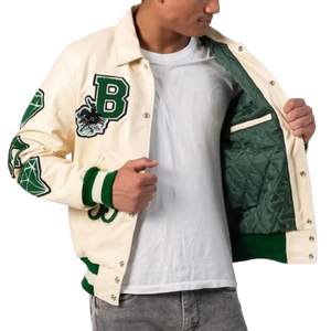 Cream Varsity <b>Jacket</b> With Green Embroidered Patches And Button Closure Regular Fit Full Sleeve Turn-down Collar - Product Image 2