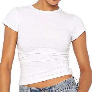 เสื้อยืดแขนสั้นสำหรับผู้หญิงสินค้ามาใหม่สีทึบดีไซน์เรียบง่าย - Product Image 3