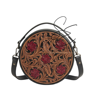 Bohemian Round Genuine Leather <b>Shoulder</b> Bag With Floral Tooling Red Flowers Black <b>Strap</b> Women's Crossbody Bag - Product Image 1
