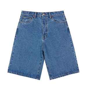 Short en jean bleu foncé coupe ample pour homme, taille mi-haute, jambe droite, en coton, style décontracté d'été avec poches, finition brute - Product Image 1