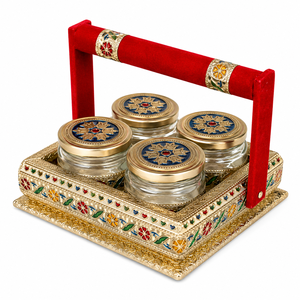Panier en bois artisanal avec 4 bocaux en verre, ensemble de rangement pour épices de cuisine, design oriental, multifonctionnel - Product Image 1