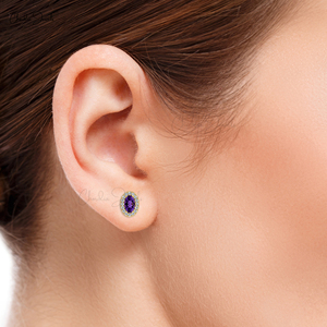 Fournisseur en gros de boucles d'oreilles classiques en améthyste africaine naturelle, boucles d'oreilles halo en or massif 14 carats avec diamants, fournisseur de bijoux en gros - Product Image 6