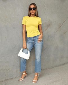 <b>Women's</b> <b>Yellow</b> Crew Neck Short Sleeve Slim Fit Cotton T-Shirt Casual Solid Color Spring Summer <b>Top</b> - Product Image 2