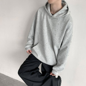 Sudadera con capucha extragrande para hombre, con cremallera, de forro polar, color gris sólido, con pedrería, de algodón tejido, transpirable, para invierno, corte regular, manga larga - Product Image 1