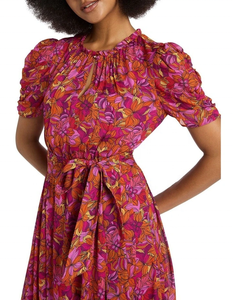 Elegant Vibrant Multi-Tonal Floral Print Casual Tea-Length A-Line <b>Dress</b> Short Sleeve Gathered Neckline Hip <b>Pockets</b> Ruffle Detail - Product Image 1