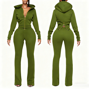 Conjunto de dos piezas con capucha y cremallera para mujer, top corto de manga larga y pantalones de color sólido, ropa deportiva informal, conjunto de punto de longitud completa para mujer - Product Image 2