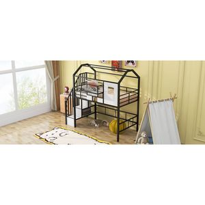 Letto a soppalco doppio in metallo nero con design del tetto unico e contenitore portaoggetti per camerette dei bambini - Product Image 5