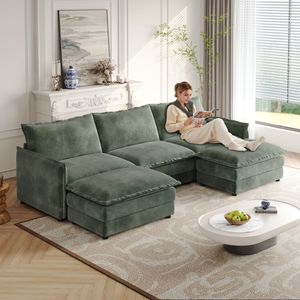 Divano a U in Tessuto Corduroy a 3 Posti, Seduta Profonda Oversize, 2 Poggiapiedi Mobili, Comodo Divano Cloud per Soggiorno - Product Image 1