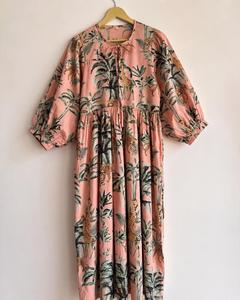 Tropical Print Maxi <b>Dress</b> With Puff Sleeves Loose Boho Style Summer Casual Wear Viscose Polyester Fabric O-Neck <b>Elastic</b> Waist - Product Image 4