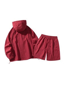 Conjunto de Chaqueta con Capucha y Pantalones Cortos Rojos para Hombre, Ropa Casual de Verano de Secado Rápido, Tejido de Punto, Color Sólido, Dos Piezas - Product Image 2