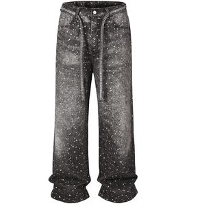 Bulk Manufacture Miden International Customized Men's Rhinestone Denim <b>Jeans</b> Pearl Bling <b>Jeans</b> Chic Wide Leg Denim Pants Unisex. - Product Image 4