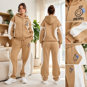 <b>Women's</b> Khaki <b>White</b> Color Zip Hoodie Tracksuit Set Fleece <b>Jogger</b> Pants Casual Streetwear Custom Private Label Apparel - Product Image 5