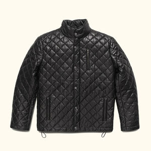Chaqueta de Cuero Acolchada Negra para Hombre, Chaqueta de Invierno con Cuello Alto y Botones a Presión, Chaqueta de Cuero con Costuras de Diamante, Venta al Por Mayor OEM - Product Image 1