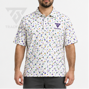 Polo pour homme Trackstar, blanc, imprimé géométrique multicolore, manches courtes, col boutonné, chemise de golf, logo personnalisé - Product Image 1
