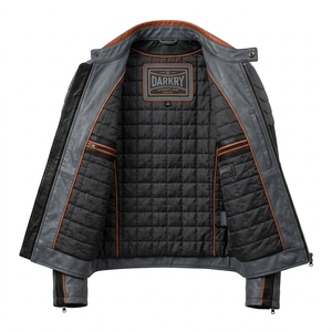 Grey Black Orange Trim Leather Jacket Mens Custom Wholesale Oem Odm <b>Padded</b> Shoulder Biker <b>Coat</b> Factory Direct Manufacturing - Product Image 5