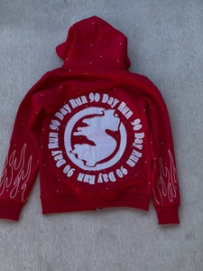 Custom Oversized Full Zip Hoodie Black <b>Rhinestone</b> Streetwear Sweatshirt Flame Print Heavyweight Unisex Hooded <b>Jacket</b> - Product Image 3