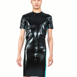 Combinaison unisexe en cuir PU noir avec design color block turquoise, coupe semi-transparente - Product Image 4