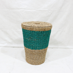 Panier à linge rond multifonctionnel en jonc de mer écologique, rustique, avec couvercle, bicolore, grand panier de rangement pour vêtements tressé - Product Image 3