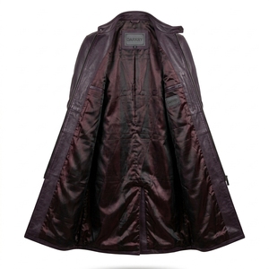 Manteau long en cuir véritable Deep Plum pour homme, avec panneau latéral gris personnalisé, fermeture éclair intégrale et col montant – Fournisseur en gros - Product Image 5
