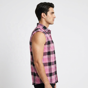Camisa de Franela de Verano Ecológica de Alta Calidad 100% Algodón para Adultos, Sin Mangas, Cuello Camisero, Suave, a Cuadros Rosa y Negro - Product Image 4