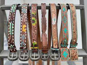 Best Selling Beautifully Hand Tooled Leather Flowers & Feather Buck Stitch <b>Belt</b> Western Genuine Leather <b>Belt</b> for Men and Women - Product Image 3