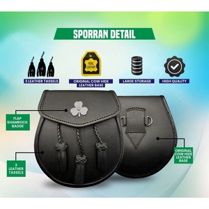 Pochette de kilt écossais Sporran en cuir véritable noir de qualité supérieure, avec emblème trèfle et trois pompons, sangle à chaîne, style traditionnel des Highlands - Product Image 3