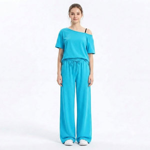 Conjunto de Ropa Informal para Mujer, Manga Corta, Hombros Descubiertos, Pantalones Anchos con Cordón, Suave, para Viaje - Product Image 2