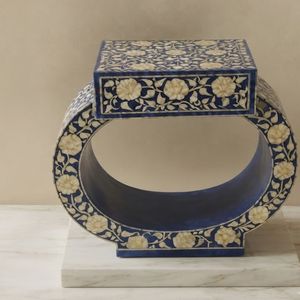 <b>Blue</b> Mother of Pearl Inlay Nightstand Carved End <b>Table</b> Decorative <b>Bedside</b> Cabinet Floral Pattern - Product Image 2