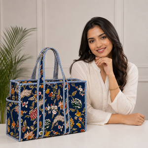 Floral Printed Quilted Cotton <b>Tote</b> <b>Bag</b> with <b>Zipper</b> Closure 16x15 Inch Double Shoulder Handles for Groceries - Product Image 2