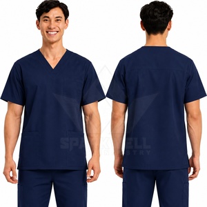 Haut de blouse médicale gris pour homme, col en V, manches courtes, en coton et polyester tissé, respirant, multi-poches, pour le travail en milieu médical, hospitalier et de soins infirmiers - Product Image 5