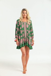 La mayoría de las ventas estilo bohemio ajuste relajado bordado Resort Kaftan túnica Vestido corto Casual manga larga con decoración de pompón - Product Image 5