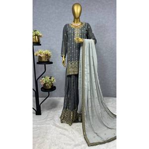 เสื้อและกางเกงชุดออกงานสีเทาสวยงาม พร้อมผ้าคลุมไหล่แฟนซี ไซส์ XL - Product Image 3