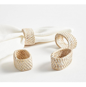 Juego de 4 servilleteros ovalados de ratán blanqueado, hechos a mano, de mimbre, decoración moderna y rústica para cenas costeras, bodas ecológicas y bohemias. - Product Image 1