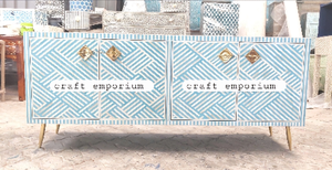 Modern Multi Purpose School Storage Console Table Blue Ivory Geometric Bone Inlay <b>Adjustable</b> Front Drawers - Product Image 3