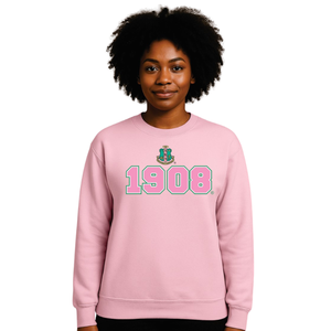 Sudadera AKA 1908 Crest Crew, Sudadera de Forro Polar Premium, Ropa de la Hermandad Griega, Bordado Personalizado, Cuello Redondo, Rosa Claro y Verde - Product Image 4