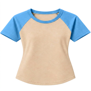 T-shirt Raglan Grande Taille Femme Beige Vert Manches Courtes Col Rond Couleur Unie Décontracté 100% Coton Respirant Broderie Jersey - Product Image 3