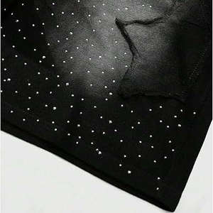 Pantalones cortos de felpa estilo streetwear, lisos, con pedrería, negros, con lavado ácido, vintage, transpirables, para venta al por mayor, para exteriores, para natación, con efecto lavado - Product Image 2