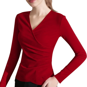 Camiseta Elegante y Moderna de Manga Larga con Cuello en V para Mujer, con Abertura Plisada, Diseño Otoñal, Teñido Liso, 100% Algodón, Personalizable, Transpirable - Product Image 2