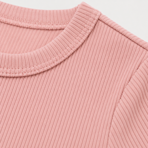 Camiseta de algodón acanalado con cuello redondo para niñas, manga corta, ajuste casual, suave, elástica, transpirable, para verano, color liso - Product Image 4