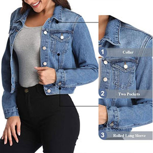 Veste en jean courte pour femme, col rabattu, fermeture boutonnée, manches longues, veste en jean en coton chaud pour l'hiver - Product Image 3