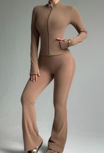 Women Casual Solid <b>Yoga</b> <b>Leggings</b> Set High-Waisted Spandex Long Sleeve Zip-Up Athletic Jacket Full-Length Pants Quick-Dry Stretch - Product Image 3
