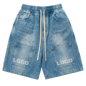 Shorts Anchos de Mezclilla con Cristales, Estilo Y2K, Color Azul Lavado, Personalizados, Hip Hop, Streetwear, con Pedrería - Product Image 2