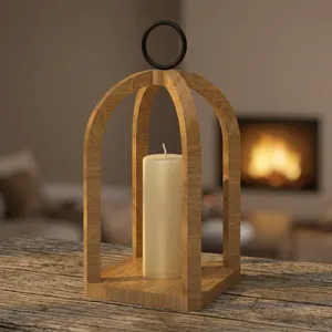 Farol de madera rústico con arco, marco de veta natural, diseño de jaula abierta y anillo superior negro para un toque de estilo rústico. - Product Image 6
