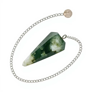 Hermoso Péndulo de Ágata Musgosa Natural, Gema Pulida en Forma de Lápiz, Cadena de Plata, Cristal Feng Shui - Product Image 3