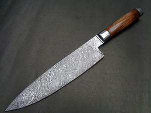 Couteau de cuisine professionnel artisanal, lame en acier à motifs durable, manche ergonomique en bois, couteau de chef en acier Damas pour la préparation des aliments - Product Image 2