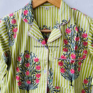 New Arrival Women's 100% Cotton Indian Screen Printed <b>Pyjama</b> Night Set Quick Dry V-neck Long Sleeves Casual - Product Image 5