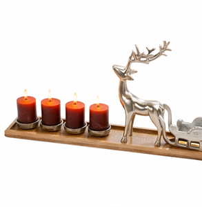 Porte-bougie de luxe en aluminium argenté en forme de renne avec traîneau sur plateau en bois de mangue à 4 emplacements, décoration festive pour centre de table de l'Avent - Product Image 5