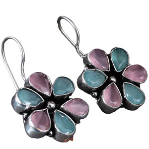 Pendientes colgantes florales de plata oxidada |   Pendientes Colgantes de Piedra de Doble Color |   Joyería Boho Hecha a Mano para Mujer, para Regalo |   Venta al por mayor - Product Image 6