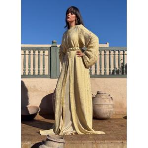 Two-piece <b>Kaftan</b> Golden Silk Brocade Finished Silk <b>Gold</b> Buttons Designed With Refined Completed Matching Belt Define The Waist - Product Image 4